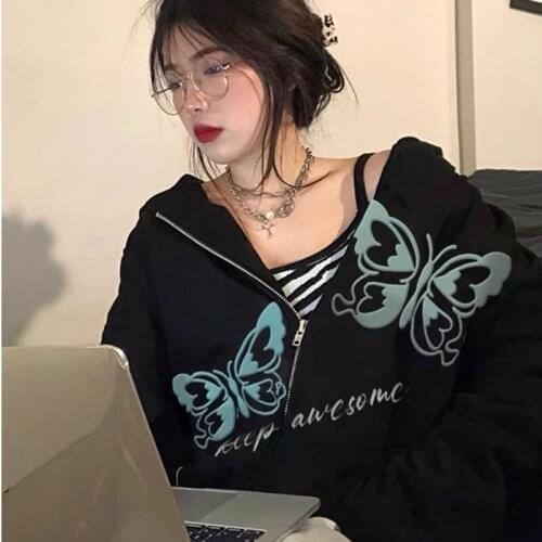 Harajuku Loose Gothic Punk Streetwear Hooded Y2K Casual Hip-Hop Zip Oversize Sweatshirt Butterfly 90s Vintage Chic Graphic Tops