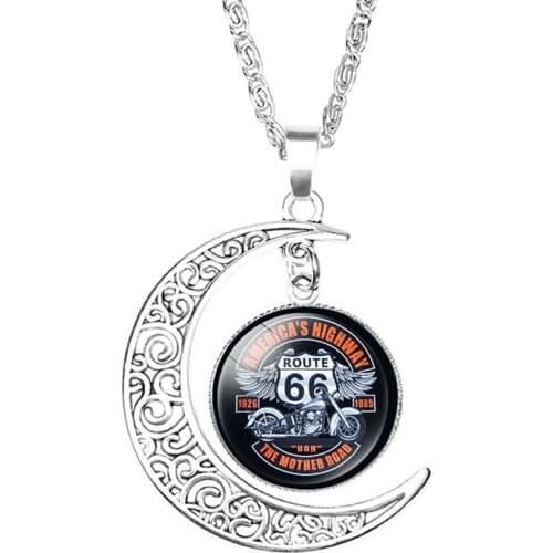 US Classic Route 66 Moon Shape Necklace Glass Cabochon Fashion Pendant Jewelry Collections