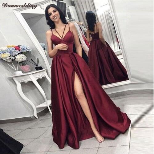 Vintage Satin Evening Dresses Sexy Side Split Pockets Spaghetti Straps Lace-Up Prom Dress Girl Party Dresses Floor-Length