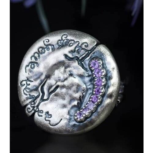 Vintage Purple Crystal Ring Mysterious Symbol Sun Moon Ring Antique Ring Anniversary Jewelry Christmas Gift for Women
