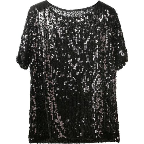 2021 Summer Stage Performance Clothing Sexy Perspective Top Bling Glittering Sequin Temperament Short-sleeved T-shirt Women 188a
