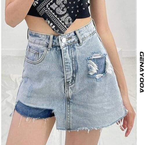 Genayooa Irregular Shorts Skirt Women Jeans Streetwear Slim High Waist Streetwear Shorts Female Ripped Demin Short Tassel 2021