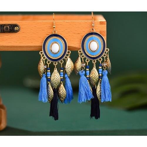 Womens Blue Tassel Earrings Brincos Boho Jewelry Bijoux Summer Vintage Bohemia Leaf Dripping Oil Alloy Earrings