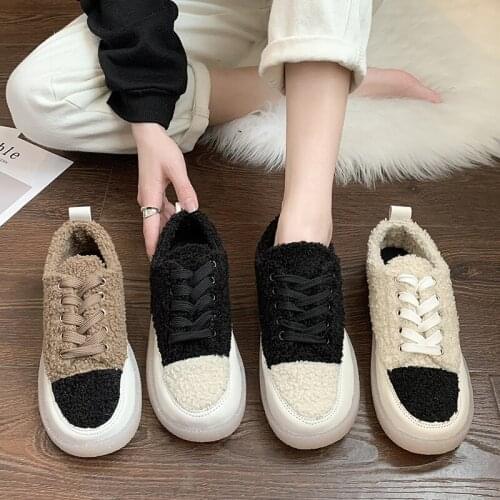Spring new style flat shoes sports shoes imitation fur color matching casual shoes womens single shoes
