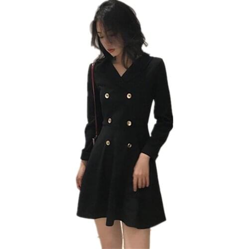 Spring and autumn temperament Hepburn black womens suit collar double-breasted waist slim long-sleeved cool wind dress TB190228