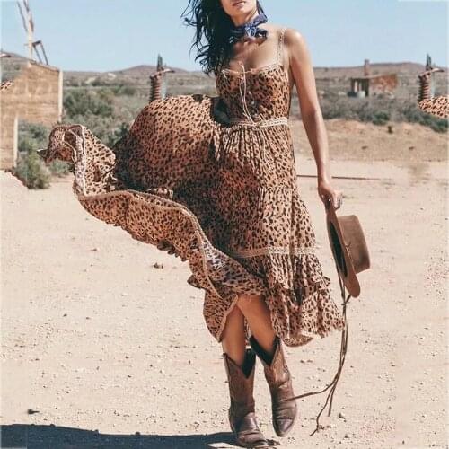 Foridol Leopard Print Sundress Women Hollow Out Beach Maxi Dress Sleeveless Casual Lace Up Backless 2021