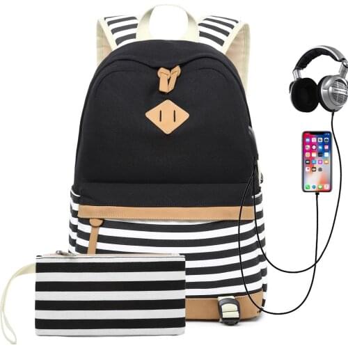 Women Canvas Striped Bagback Student School Bags With Pen Bag Teenager Large Capacity USB Charge Laptop Backpack Travel Rucksack