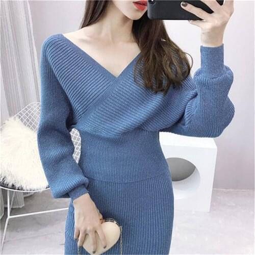 Spring bling knitted 2 piece set women lantern sleeve v neck sweater elastic waist knitted skirt female sweater suit