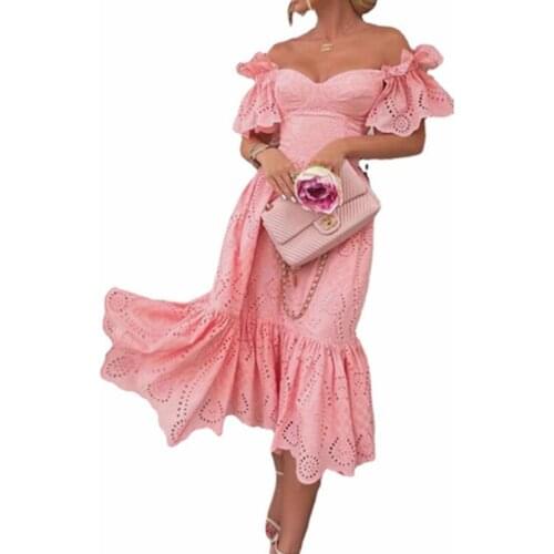 Women Elegant Backless Hollow Out Ball Gown Sexy Off Shoulder V Neck Solid Party Dress Fashion Ladies Dot Long Dress Plus Size