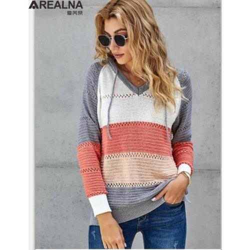 Women Elegant Long Sleeve Hooded Knitted Sweater autumn Striped V-Neck Pullovers Tops Knitwear Winter Vintage pull femme hiver