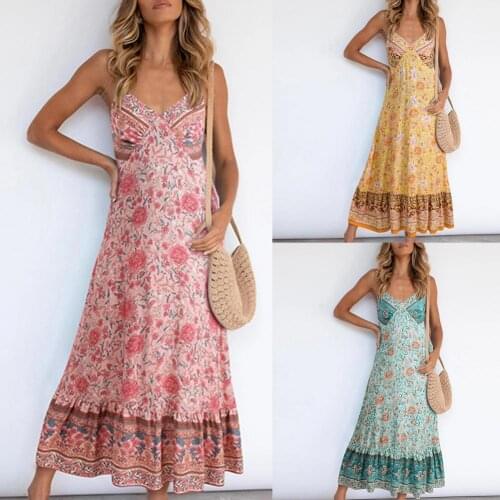Women Bohemian Maxi Dress Backless Spaghetti Straps Floral Print Dress 2021 New Summer Vintage Casual Party Shirt Dresses Robe