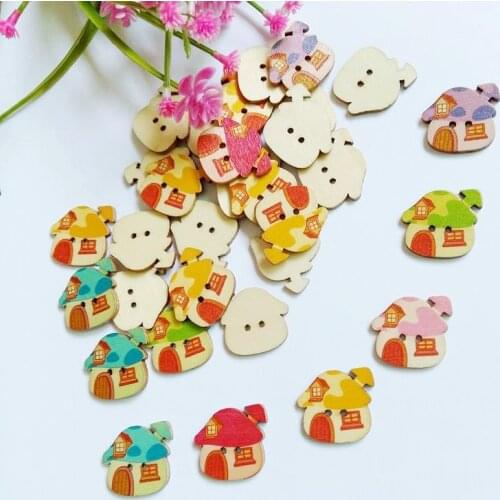 50pcs Mixed Cartoon house Buttons For Handmade Wooden Craft buttons Fit Sewing And Scrapbooking Accessories 2 Holes