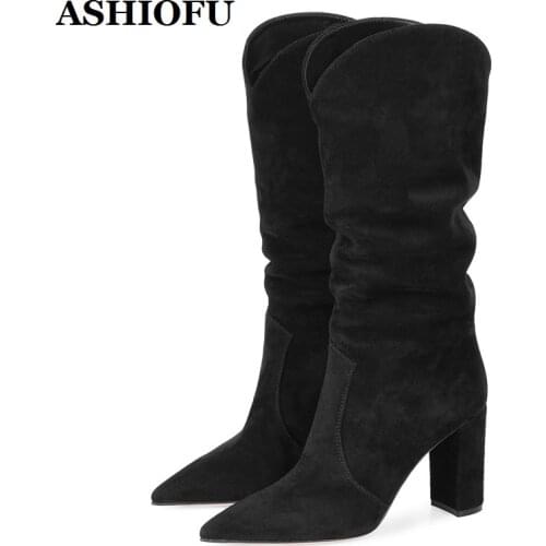 ASHIOFU Handmade Womens High Heel Boots Chunky Heel Faux-suede Party Mid-calf Boots Winter Sexy Club Evening Fashion Boot Shoes