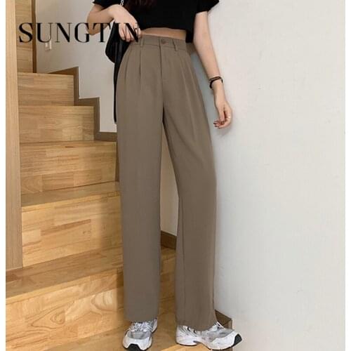 Sungtin Office Lady Blazer Wide Leg Pants Women Korean Casual Loose Pants Solid High Waist Straight Trousers Black Vintage OL
