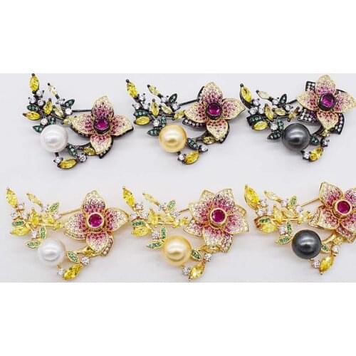 Freshwater pearl brooch white black yellow flower zircon FPPJ wholesale beads nature unique