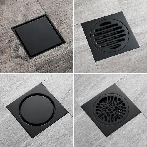 Black Brass 10 x 10 cm Shower Floor Drain Washroom Bathroom Invisible Drain Cover Square Waste Floor Drain HIDEEP