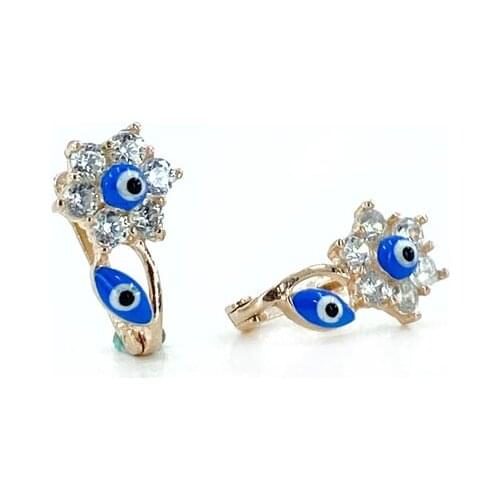 Blue Eye Beads Sunflower Child Baby Tag Silver Earrings