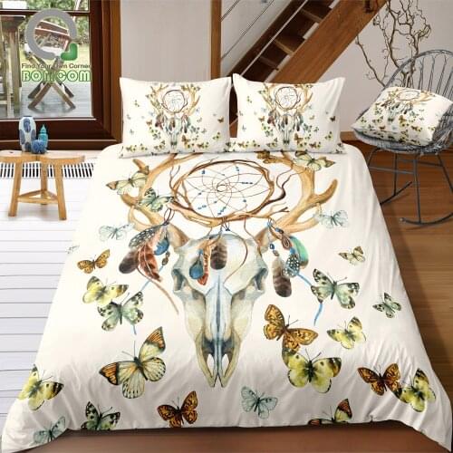BOMCOM 3D Digital Printing Bedding Set Deer Skull Dreamcatcher Feathers Butterfly 3-Pieces Duvet Cover Sets 100% Microfiber