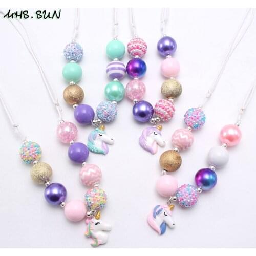 MHS.SUN Cute Unicorn Pendant Kids Chunky Beads Necklace Colorful Adjustable Rope Necklace For Baby Girls Child Party Jewelry 1PC