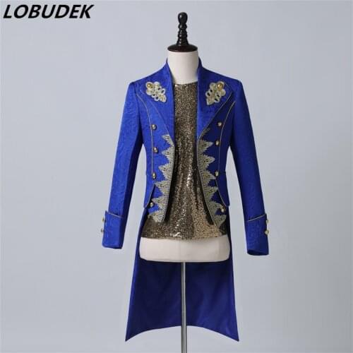 Mens Long Style Blue Embroidery Jacquard Blazer Vintage Court Tailcoat Evening Party Singer Host Magician Drama Stage Costume