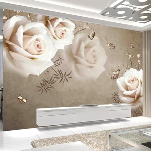 Custom 3D Wall Mural Vintage White Rose Wallpaper Living Room Bedroom Romantic Home Decor Painting Papel De Parede Sala 3D Mural