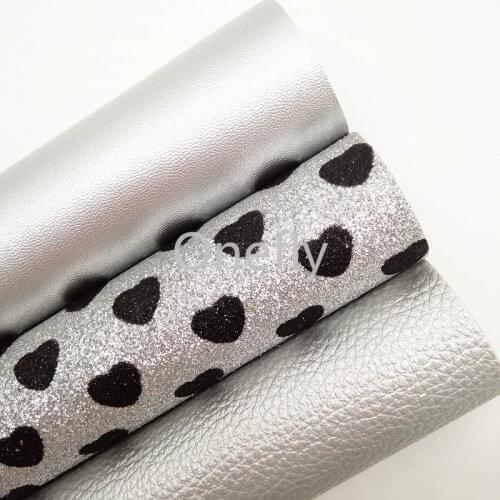 Onefly Hearts Flocking Glitter Leather, Silver Litchi Faux Leather Fabric Sheets For Bow DIY handbags shoes DQ003
