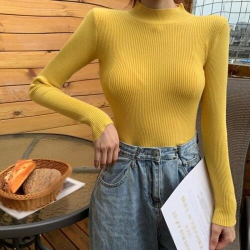Autumn Winter Womens Solid Color Sweaters Half High Collar Sweater Pullover Long Sleeve Bottoming Sweaters