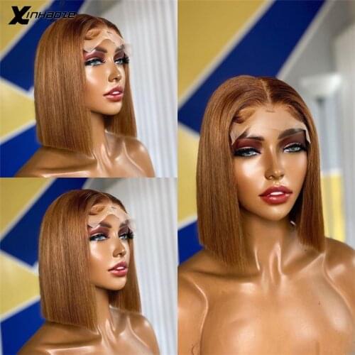 Color #30 Color Peruvian Straight 13x6x1 Bob Lace Front Wigs Glueless T Part Human Hair Wigs 150% 180% Density Short Bob Wig