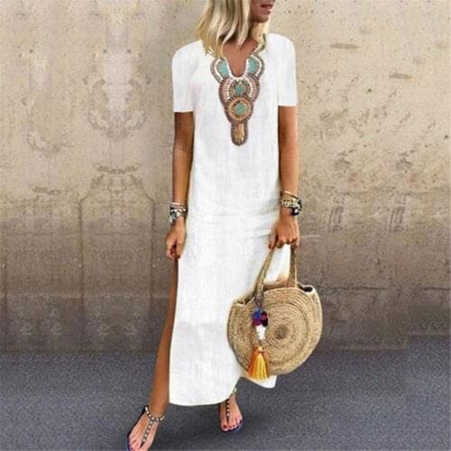 JAYCOSIN Women Dress Print V-neck Side Slit Bohemian Dresses Summer Shift Boho Maxi Dress Casual Beach Mini Dresses Sukienka
