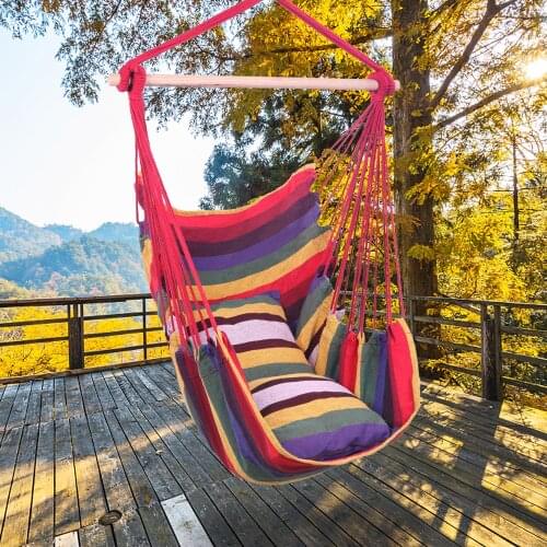 Hanging Rope Chair Cotton Canvas Outdoor Portable Camping Rope Swing Chair with Pillows Rainbow Blue Garden Swings Hammock Chair