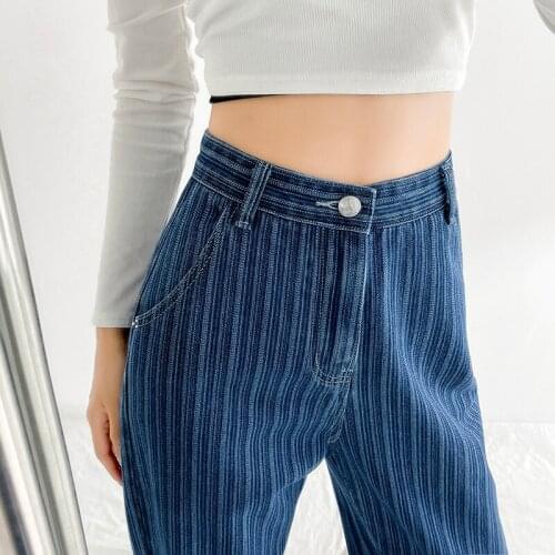 Plus Size Womens Blue Jacquard Jeans Fall Loose High Waist Straight Denim Pants Female Mom Striped Pockets Trousers 306