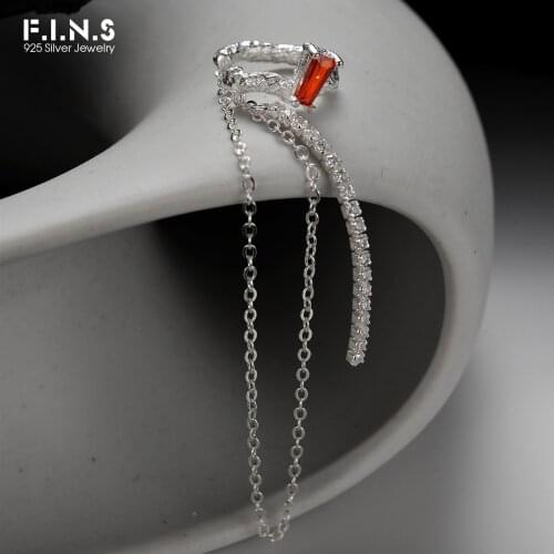 F.I.N.S 1PC Authentic S925 Sterling Silver Ear Clip without Pierced Cubic Zirconia Chain Tassel Uneven Ear Cuff Catilage Jewelry
