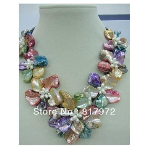 Charm Handmade shell slice pearl Knit Colorful Beautiful Flower Bib V-neck Chain Necklace Chunky Hide Rope Gift