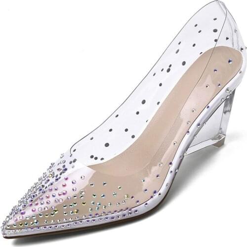 PVC Transparent High Heels Women Pumps Clear High Heel Shoes Designer Fashion Rhinestone Pointed Toe Shoes Ladies Size 33-41
