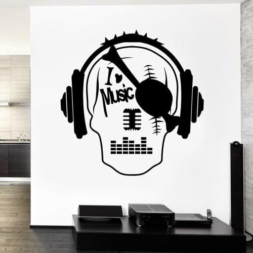 I Love Music Wall Decal Pirate Skull Listen Music Headset Vinyl Wall Sticker Cool Style Bedroom Man Cave Home Decor Mural S1275