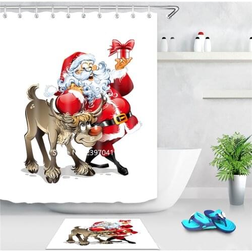 Red Santa Christmas Tree Themed Shower Curtain Waterproof and Mildew Proof with Hook for Childrens Bathroom Decoration