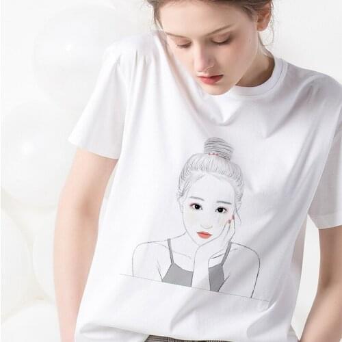 New Summer Hand drawn pretty girl Printed t shirt women Casual Short Sleeve O-Neck t-shirt Ladies White Thin section TShirt Tops
