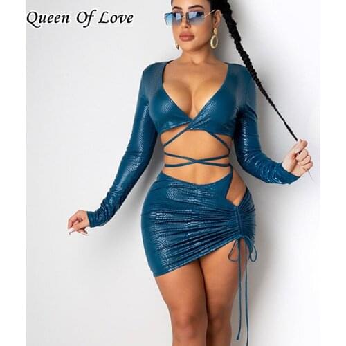 2021 New Fashion Bodycon Mini Skirt Outfits Sexy 2 Piece Women Long Sleeve Crop Top Snake Print Hollow Out Skirts Matching Set