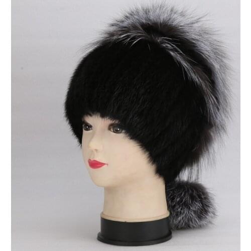 Real Mink Fur And fluffy Natural Silver Fox Fur With Rabbit Fur Decorative Ring Around Warm Winter Cap For Women Ear Warm Hat