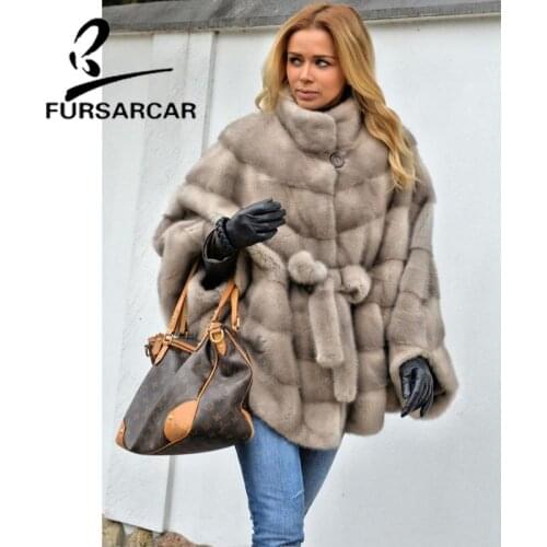 FURSARCAR 2021New Design Genuine Natural Mink Fur Coat With Turn Down Collar And Belt Female Special Style Winter Warm Outerwear