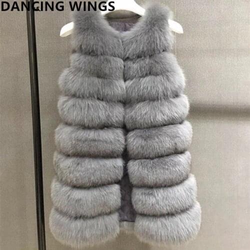 DANCING WINGS Long Style Real Fox Fur Vest 90CM Fur Vests Sleeveless O Neck Full Pelt Women Winter Warm Fur Vests
