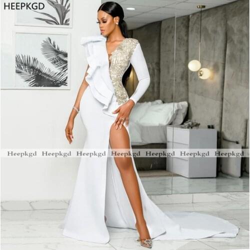 White Sexy Mermaid Prom Dresses For Black Women Silver Beads Ruffles Satin Long Sleeve Wedding Party Gowns With Slit
