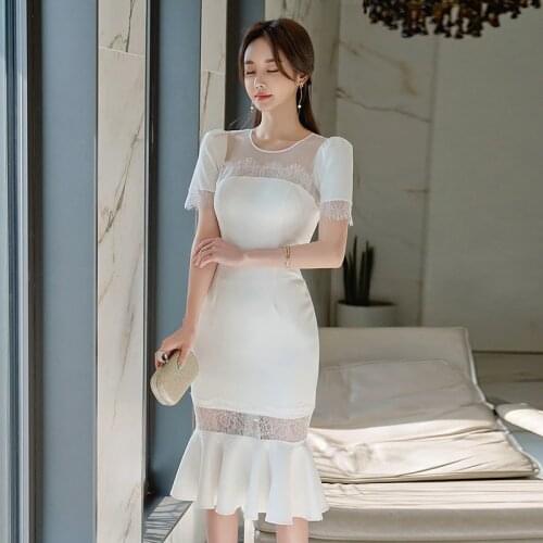 2020 Summer Lace Patchwork Women Dress White Short Sleeve O Neck Bodycon Mermaid Dress Office Lady Elegant Sexy Party Dresses
