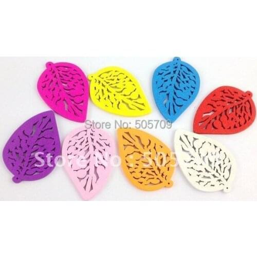 60PCS Mixed colours wooden Filigree Leaf Charms #20765