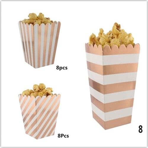 8pcs/lot Rose Gold Stripe Popcorn Box Happy Birthday Baby Anniversary Party Decorations Suppliers Wedding Party Candy Box