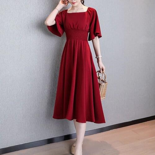 Elegant Solid Flar Sleeve Summer Dress Plus Size Women Dresses Slash Neck Chiffon A LIne Dress 2021 Office Lady Womens Wear