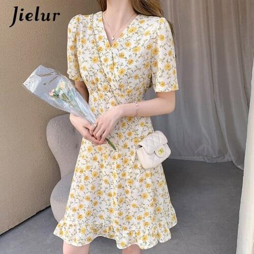 Jielur Chiffon Floral Women Dresses Short-sleeved V-Neck Dress A-line High Street Casual Dresses for Women 2021 Summer Yellow