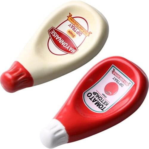 2 Pcs Ceramic Tomato Sauce Bottle Shape Dish Soy Sauce Plate Ketchup Mayonnaise Mustard Seasoning Dish S, Beige & Red