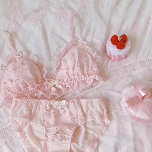 Japanese Sexy Wire Free Bra and Panti Set Lace Underwear Women Girls Teens Kawaii Lingerie Lolita Fairy Intimates White Pink Hot