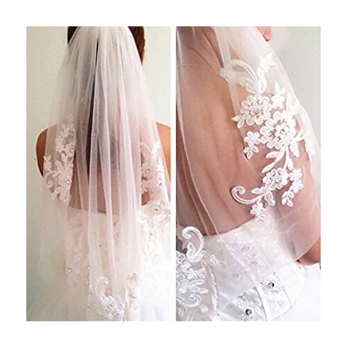 Bridal Lace Embroidery Hollow Out Flower White and Ivory Veil Drop Wedding with Hair Comb Crystal Beads Wide Lace Veil 2021